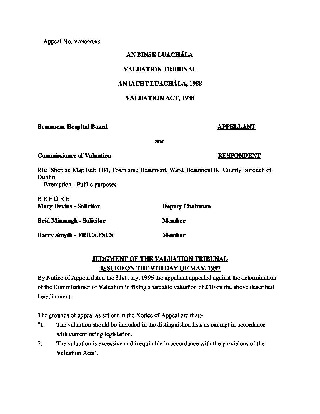 VA96.3.068 Beaumont Hospital Board Valuation Tribunal